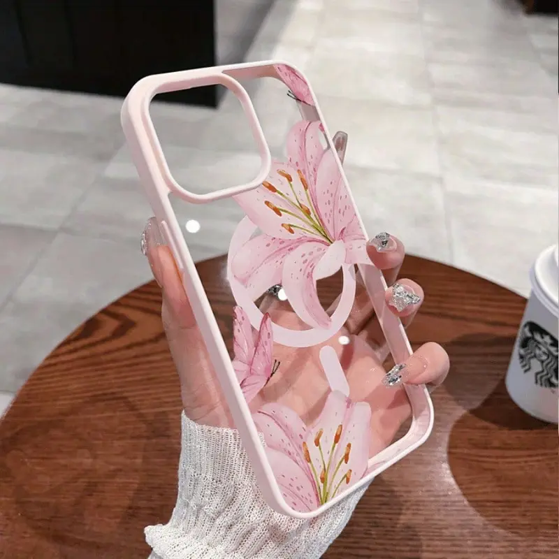 Pink Lilies Magnetic Phone Case for iPhone 17/16/15/14/13/12 Pro - iPhone Series, Magnetic Fit, Transparent PC, Fashionable Pattern, Shockproof, Ultra-Thin, Classic Gift Protective Smartphone Cover