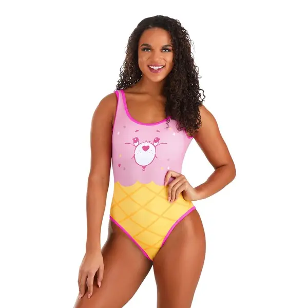 Women's 1-Piece Polyester Swimsuit, Officially Licensed Care Bears Ice Cream Print with Built-in Bra and Removable Pads