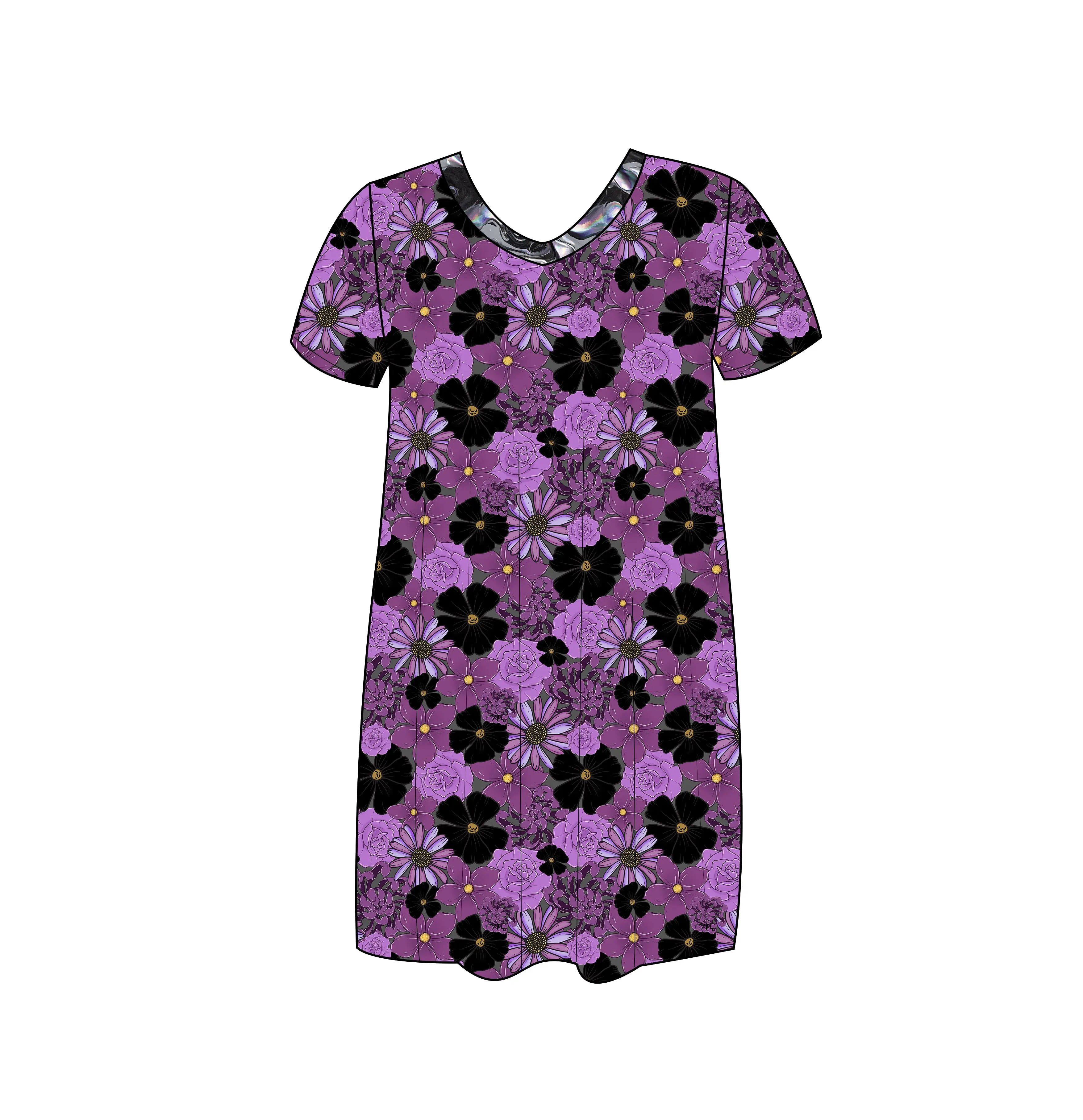 Lady's Casual Short-Sleeve Purple Flower Print T-Shirt, Women's Daily Wear Top