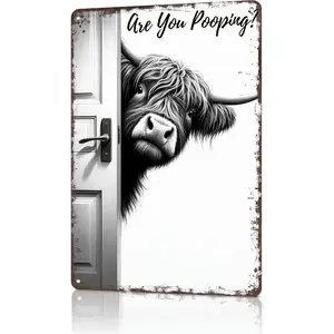 2D Flat,1pc 8*12in Aluminum "Are You Pooping!" Humorous Highland Cow Metal Sign. Featuring a Highland Cow Peeking Through Door, Suitable for Bathroom, Farmhouse, Man Cave. Fun Gift for Cow Lovers & Bathroom Humor Enthusiasts