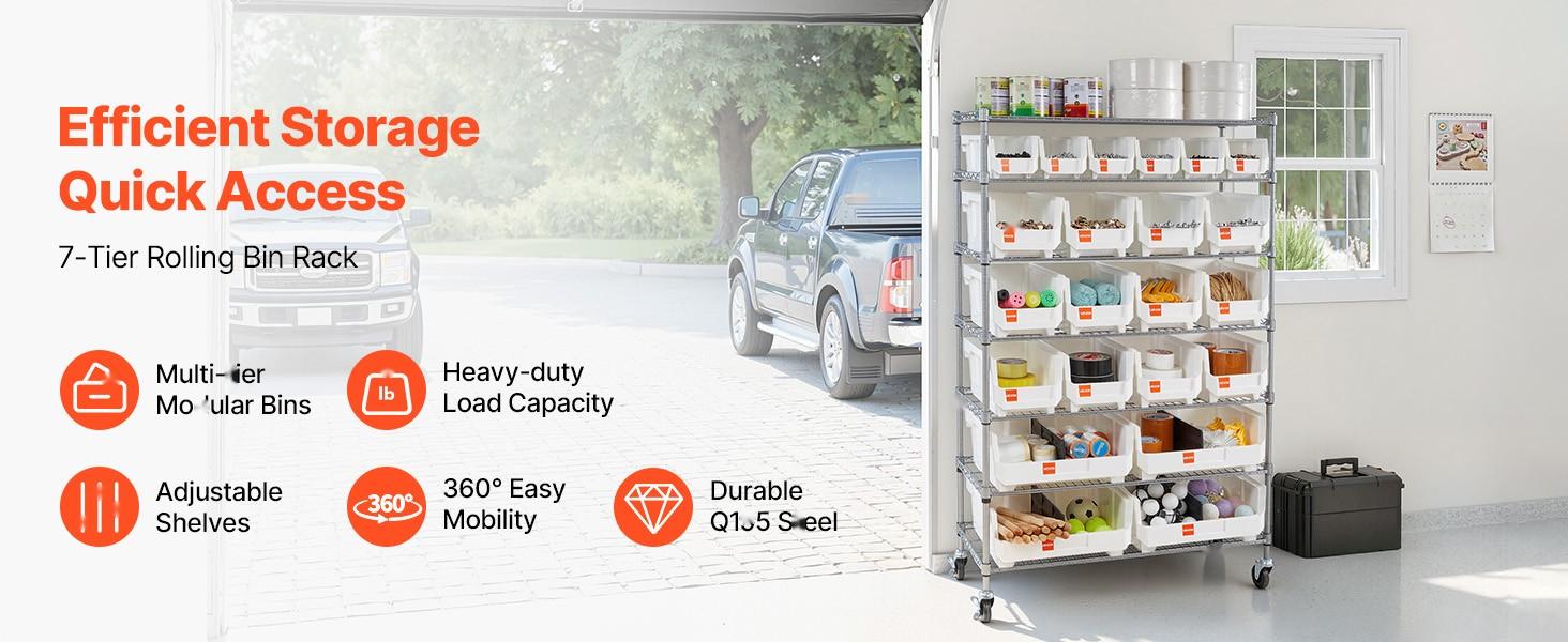 7-Tier Rolling Bin Storage Rack With 22 Organizer Bins, Bin Rack Storage Steel Wire Shelving System On Wheels, Mobile Tool Organizer For Garage, Warehouse, Office, Restaurant, Classroom, Kitchen