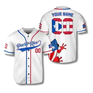 Puerto Rico Baseball Jersey Button Up, Personalized Name & Number, White PR Flag Shirt