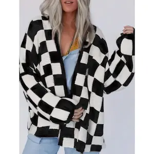 Plaid Pattern Open Front Cardigan, Casual Color Block Long Sleeve Cardigan For Fall & Winter, Women's Clothing