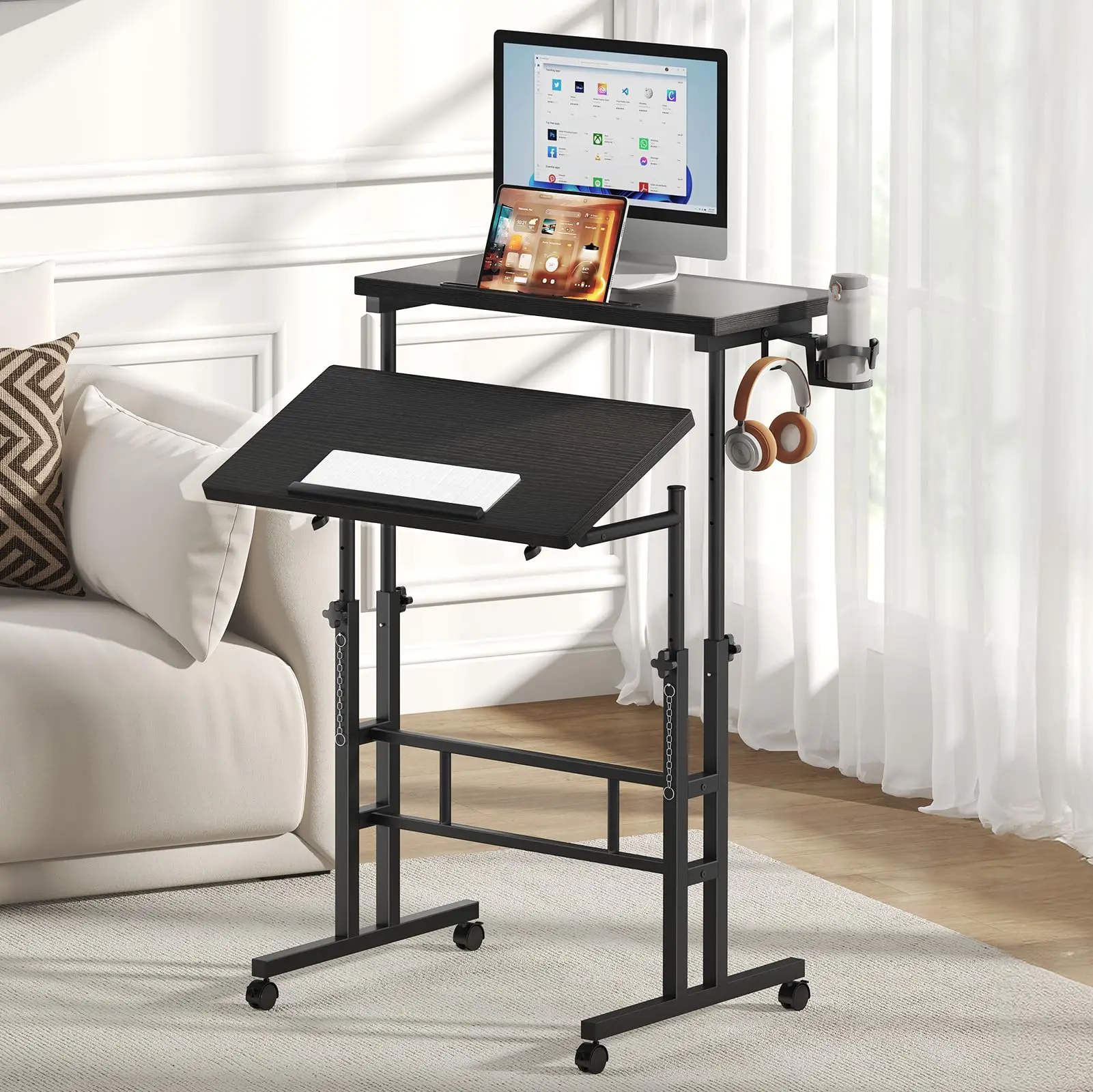 Small Standing Desk with Wheels for Walking Pad Adjustable Height Rolling Computer Table Portable Stand Up Workstation for Home Office Bedroom Tall Mobile Laptop Desk with Lockable Casters for Daily Use cart