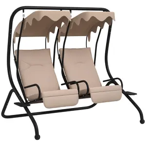 2-Seater Outdoor Porch Swing with Canopy – Patio Swing Chair with Independent Seats, Cup Holders, Cushions, Powder-Coated Steel Frame, 242 lbs per Seat, for Garden, Poolside, Backyard, Beige