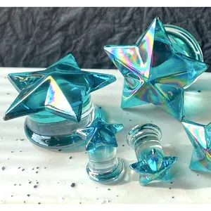 PAIR Glass Plugs Aqua Star Double Flare Gauges Tunnels Piercing Body Jewelry