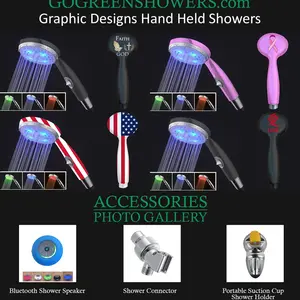 Go Green Showers - American Flag Shower, Faith N GOD And Prayer Shower, Breast Cancer Shower, Love Shower, i Luv dogs Shower. Bluetooth Shower Speaker Shower Connector, Suction Cup Shower Holder.