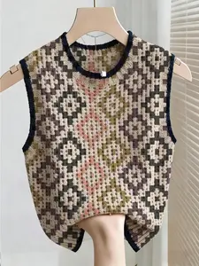 Boho Style Summer Vacation Loose Fit Round Neck Sleeveless Hollow Out Colorblock Cardigan, Women's Knitted Top for Outdoor Wear
