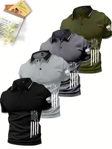 Men's 4-piece set personalized printed premium polo shirt - button collar, personalized print, slightly stretchy fabric, lightweight summer workwear formal shirt - short-sleeve Dalesan earth yellow knit men's tropical stretch polyester single-layer flat i