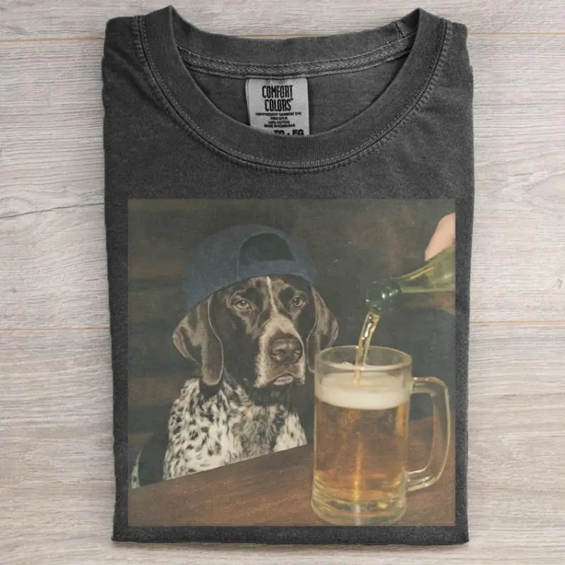 German Shorthair Pointer Drinking Beer T-Shirt, GSP Dog Lover Tee, Funny Beer Dog Graphic Shirt, Hunting Dog Owner Gift, Pointer Pet Lover Unisex Tee