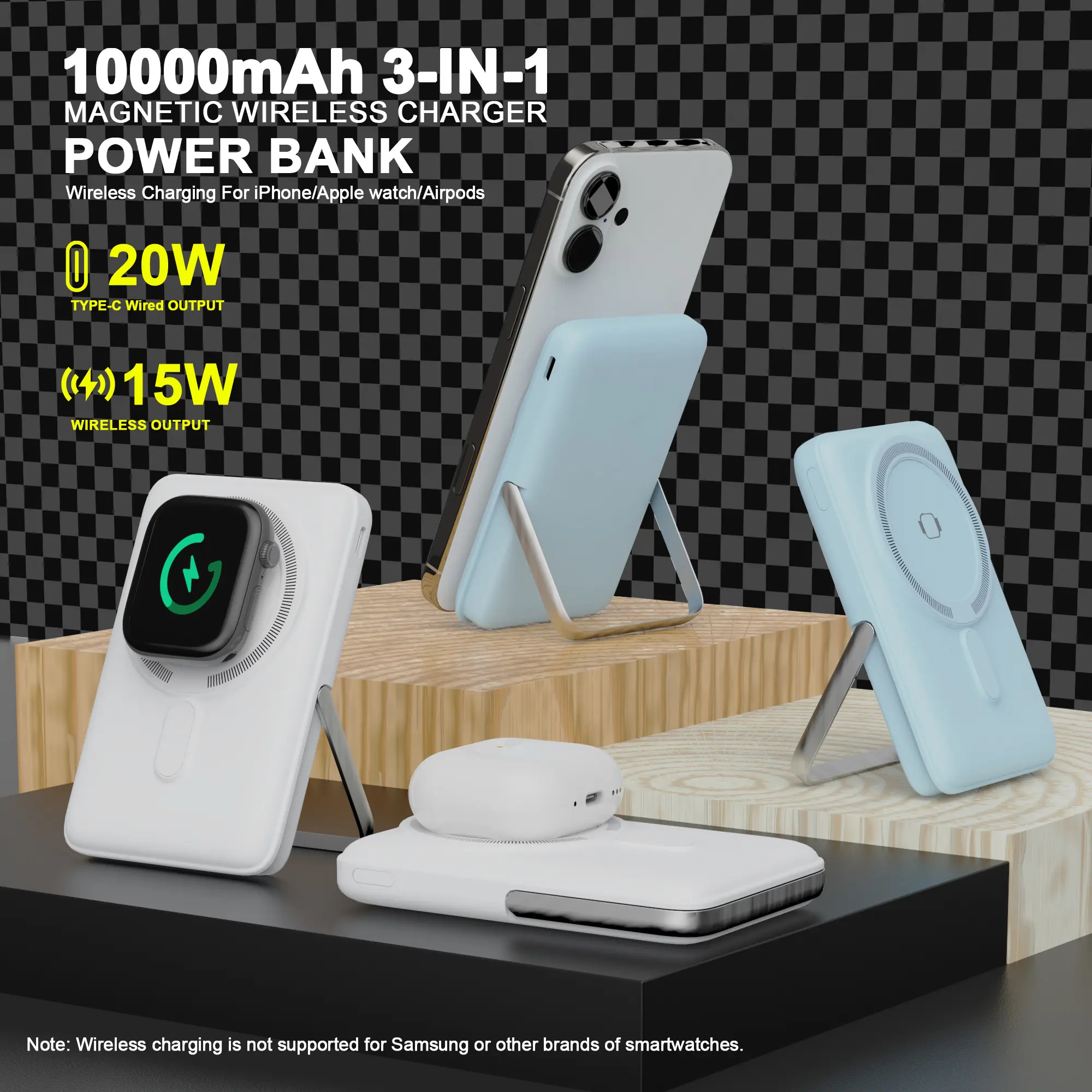 3-in-1 10000mAh Multi-functional Magnetic Wireless Charging Power Bank 15W 20W Type-C Fast Charger 3W Wireless for Smartwatch Earbuds