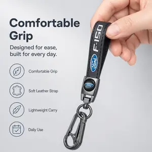 Genuine Leather Car Keychain Wristlet Lanyard, Anti-Lost D-Ring Key Fob Holder Compatible with Ford F-150 Pickup Truck, Premium Auto Key Ring Accessories USA Stock Car Keychain Set