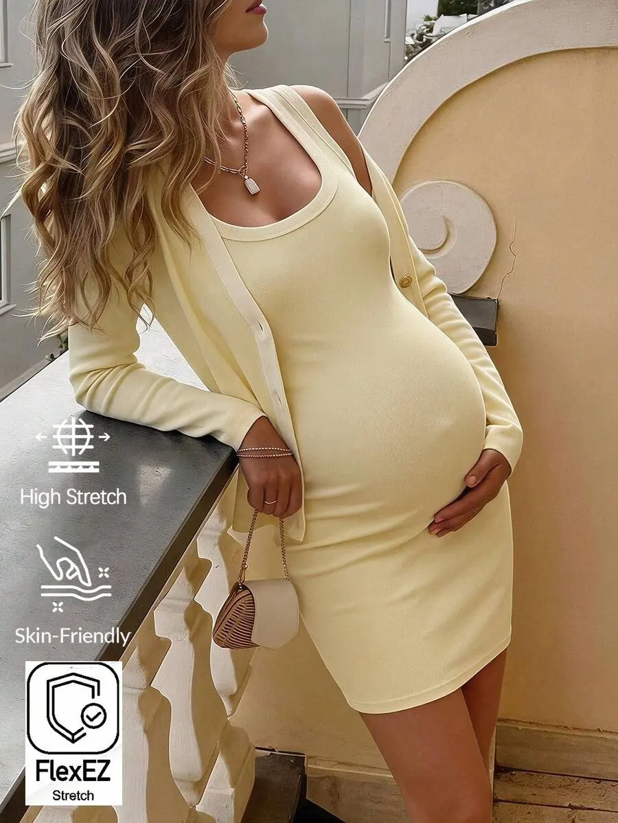Maternity Colorblock Single-Breasted Long Sleeve Cardigan And Dress Casual Daily Photoshoot 2 Pieces Set Wedding Guest Going Out Casual Yellow Summer