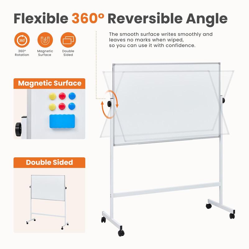 Rolling Whiteboard Double Sided , Magnetic White Board Dry Erase 46"x32" on Wheels, Dry Erase Board with Stand for School, Office and Home, Silver Aluminium Frame