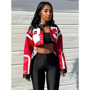 Faux Leather Varsity Jacket Women Hipster Letter Print Autumn Casual Sporty Wild Streetwear Uniform Trend Crop Coat