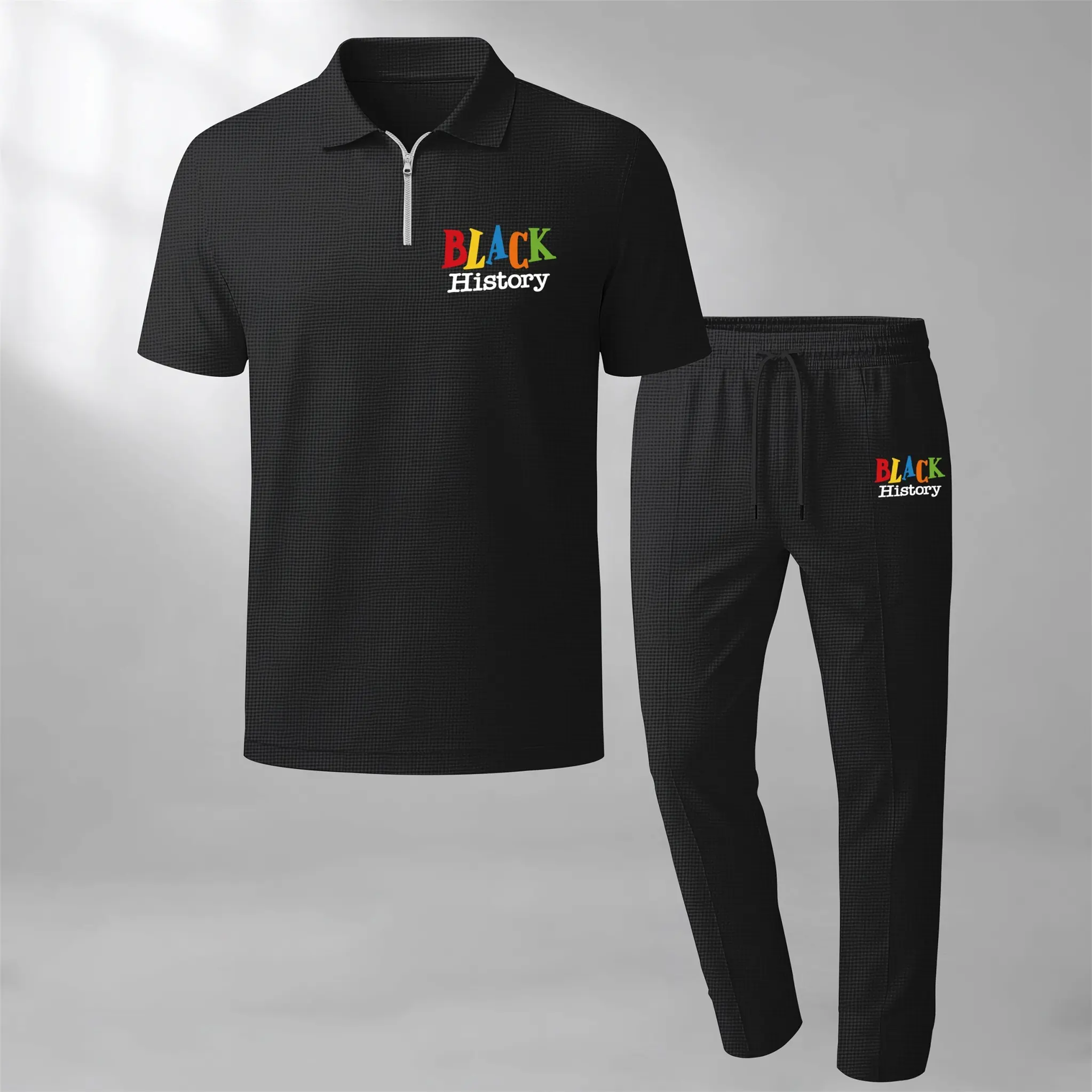 Men's Black History Print Two-Piece Set, Including A Short-Sleeved Zippered Polo Shirt And Drawstring Trousers; A Waffle-Textured Casual Summer Outfit.