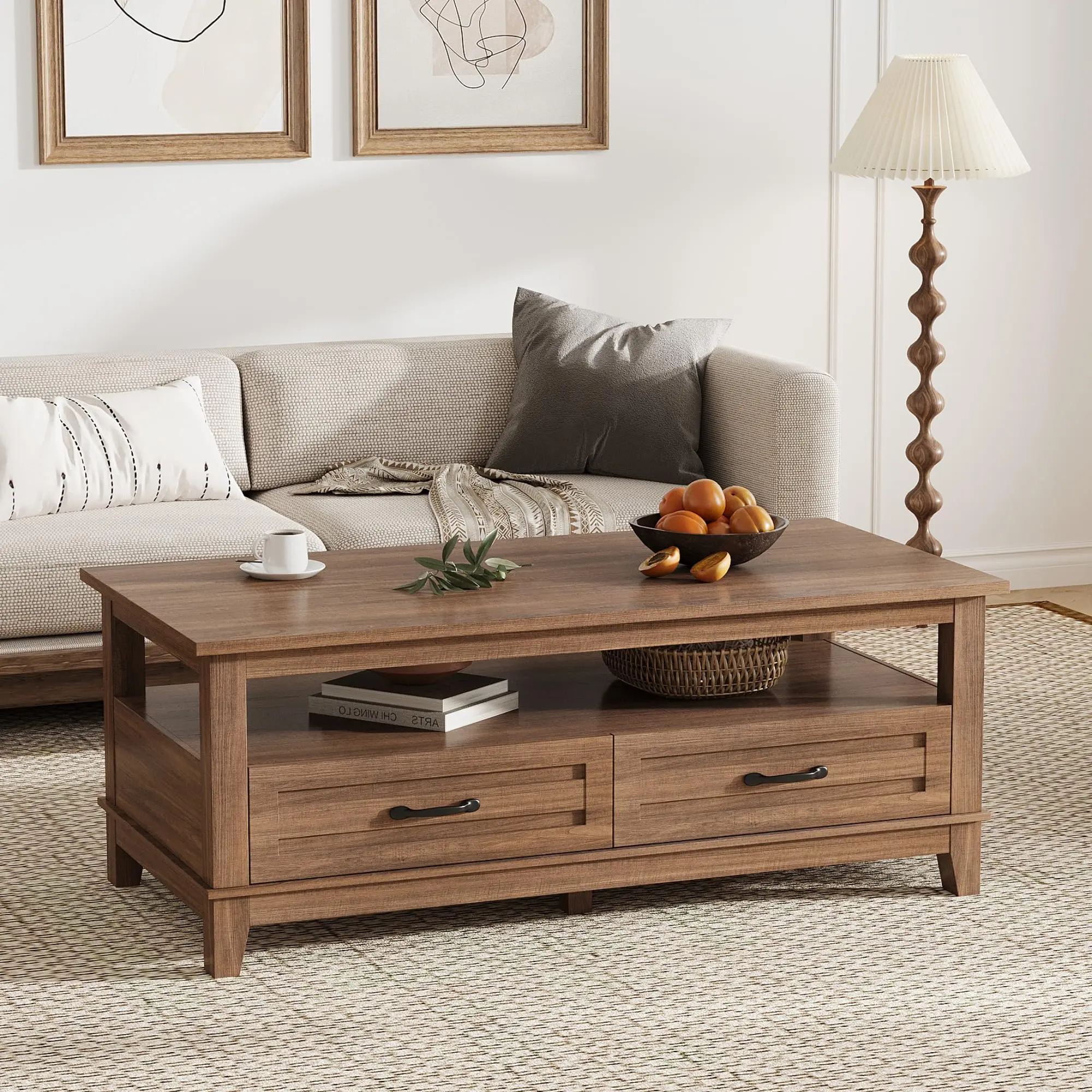 GARVEE Farmhouse Coffee Table, Rectangle for Living Room, Center Table with 2 Drawers, Open Storage Shelf, Rustic Brown