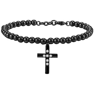 OIDEA Matching Couples Bracelets with Cross Charm, Cubic Zirconia Beaded Stainless Steel Adjustable His and Hers Bracelet Set Gift