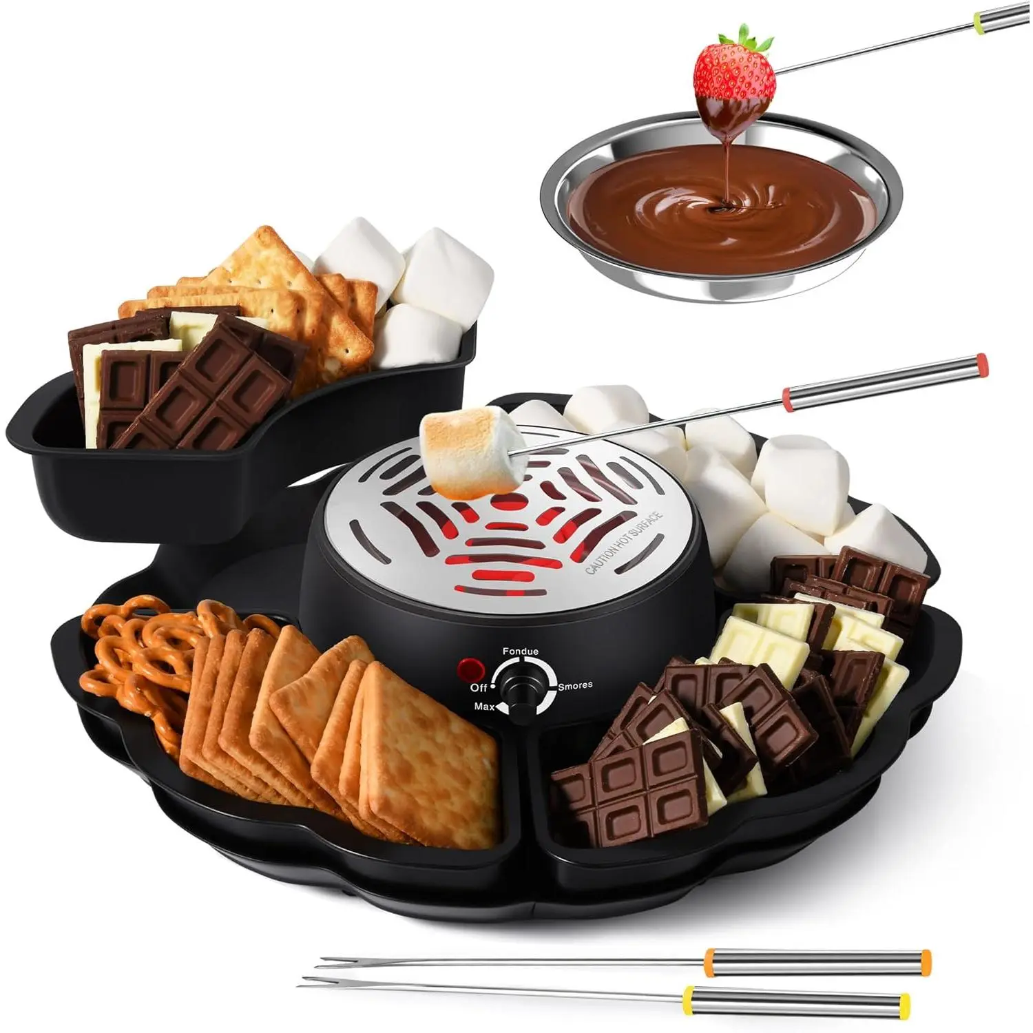 2 In 1 Smores Maker & Fondue Set Tabletop Indoor Smores Kit Marshmallow Roaster with Temp Control 4 Detachable Trays 4 Roasting Forks 1 Heated Bowl Movie Night Supplies & Housewarming Gifts