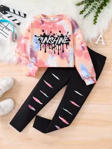 Two-piece Set Girl's Letter Print Sweatshirt & Pants Set, Casual Fashion Drop Shoulder Long Sleeve Pullover & Pants for Daily Outdoor Wear, Girls Two-piece Outfits for Fall, Fine Girls Outfit