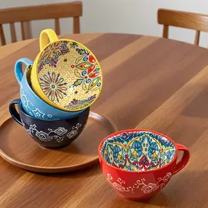Bohemian Style Ceramic Mugs Set of 4, High Value Large Capacity 13.5 Oz, Microwave Safe, Ideal for Milk Oatmeal Coffee Drinks, Tea Cup, Stylish Drinkware