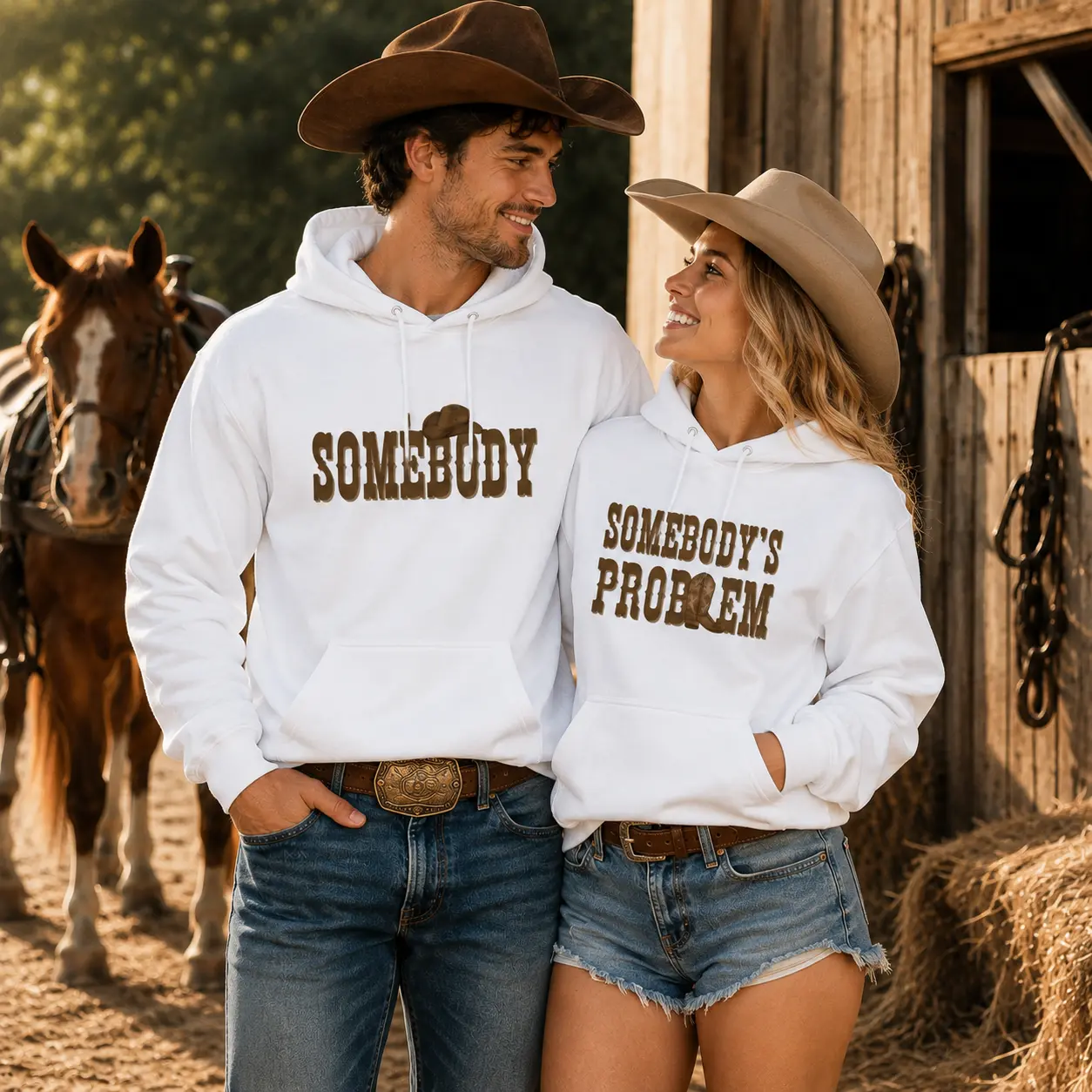 Somebody And Somebody’s Problem Matching Hoodie, Funny Western Cowboy Couple Hoodie, Country Matching Clothes For Couples, Cute Ranch Style Pullover, Boyfriend Girlfriend Gift, Western Couple Outfit, Anniversary Gift