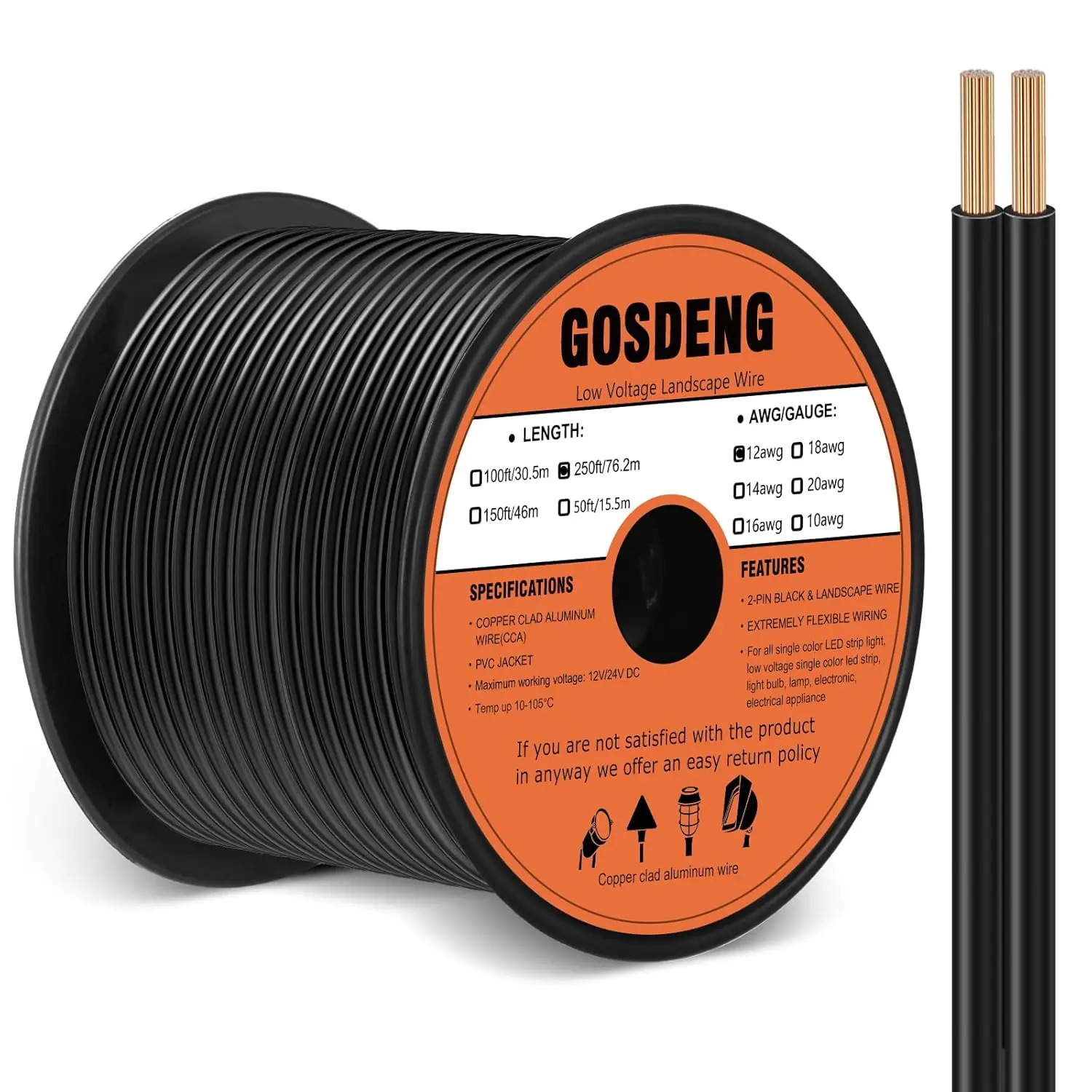 12/2 Low Voltage Landscape Wire, 250FT 12-Gauge 2-Conductor Outdoor Direct Burial Cable, Copper Clad Aluminum for Landscaping LED Lights & LED Strips, Flame Retardant Audio & Video Accessory