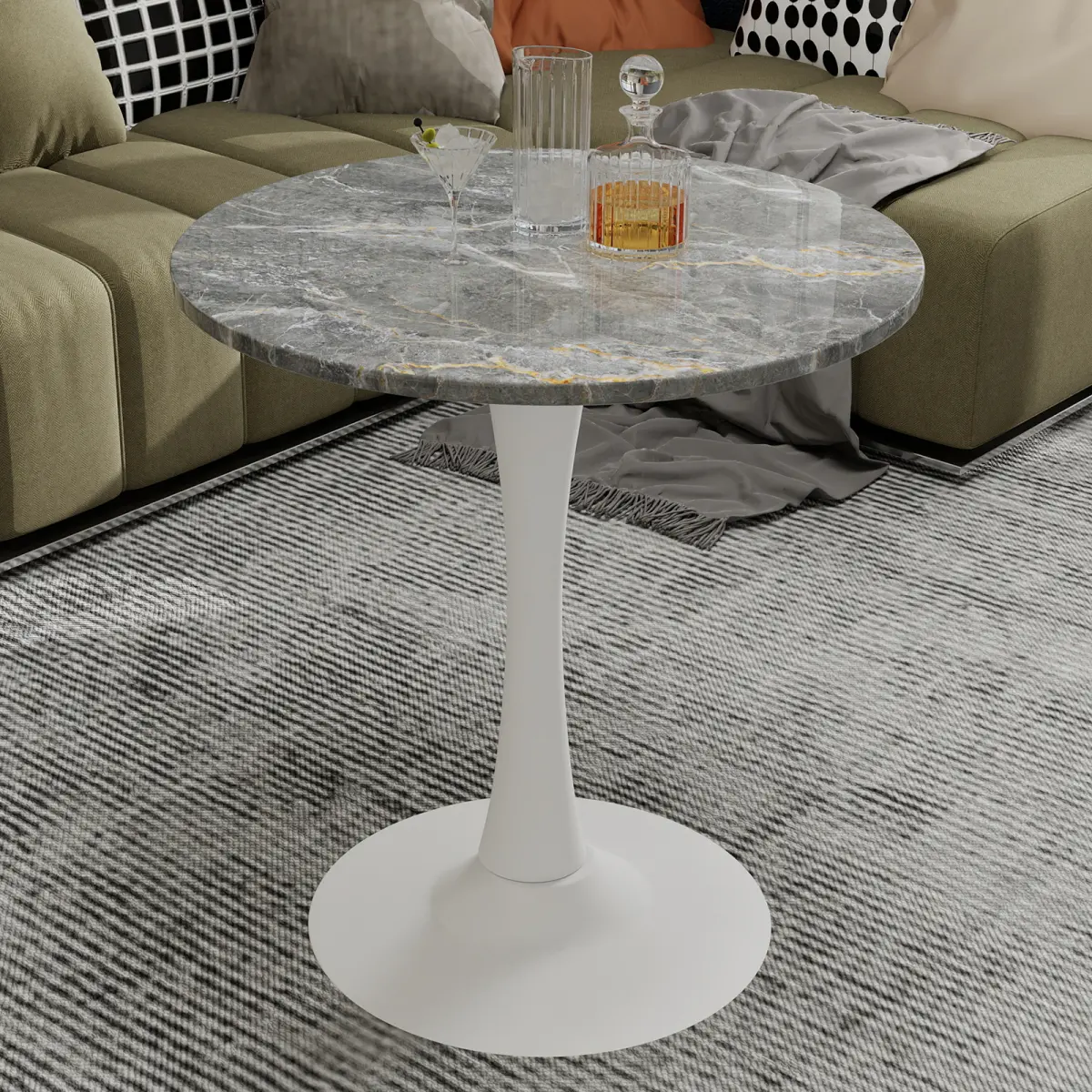 Midcentury Modern Round Coffee Table - 27.56x27.56x28.35in White Pedestal Table with Dark Gray Veined Marble Top, 31.97lbs, Family Friendly, Space Saving Furniture for Small Spaces, Fits 2-4 People, Minimalist, Round Coffee Tables