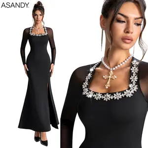 ASANDY Black Rhinestone Square Neck Sheer Mesh Long Sleeve Mermaid Maxi Dress Fitted High Slit Elegant Gown for Wedding Guest Evening Date Night