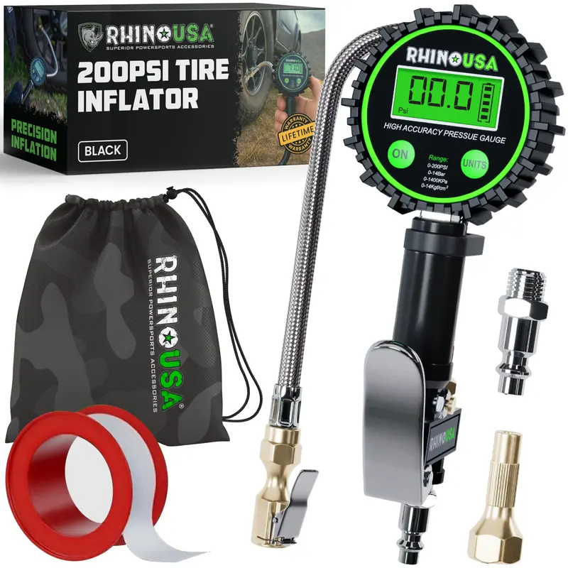Rhino USA Digital Tire Pressure Gauge with Inflator (0-200 PSI) - Heavy Duty Air Chuck and Compressor Accessories ANSI Grade B40.1 Accuracy Pump Performance