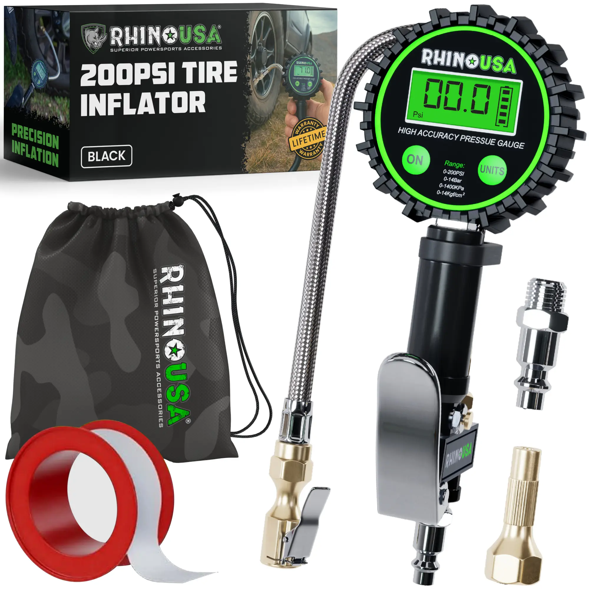 Rhino USA Digital Tire Pressure Gauge with Inflator (0-200 PSI) - Heavy Duty Air Chuck and Compressor Accessories ANSI Grade B40.1 Accuracy Pump Perfo