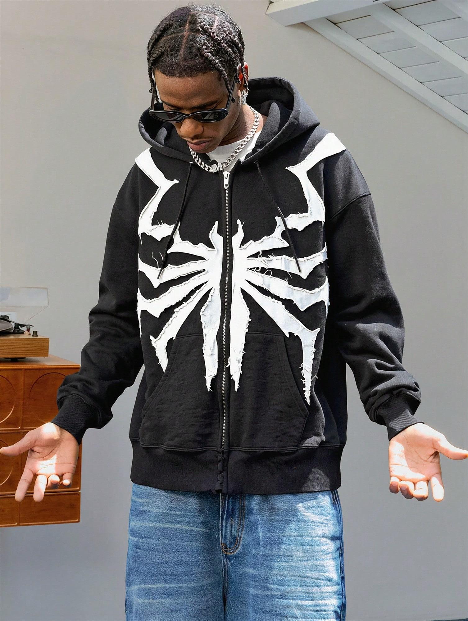 American Gothic Spider Patch Cloth Embroidered Hoodie Y2K Zipper Design High Men's & Women's Sweatshirt Tops Streetwear Menswear Long Sleeve Casual Oversize Baggy Loose Pullover Black Oversized Graphic Print All Oversized Christmas