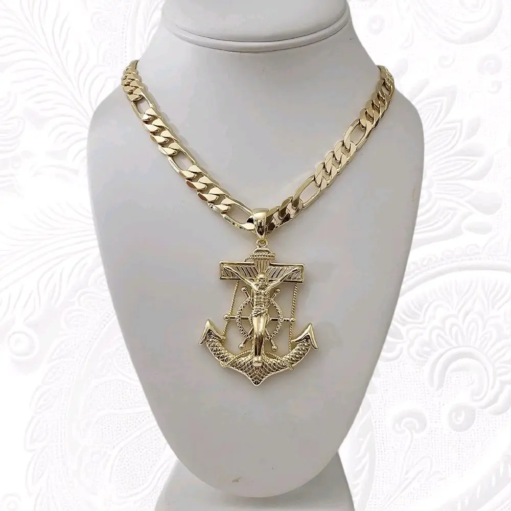 Valdiviajewery #1724 Necklace and anchor with Jesus Christ 14k gold plated High Quality