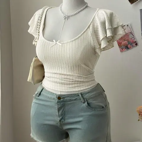 Stylish Elegant Plus Size T-Shirt Top Casual Breathable Top with Lightweight, Breathable Fabric, Summer, Ruffled Sleeve Edges, Square Neck Design for Women's Fitted Fashion