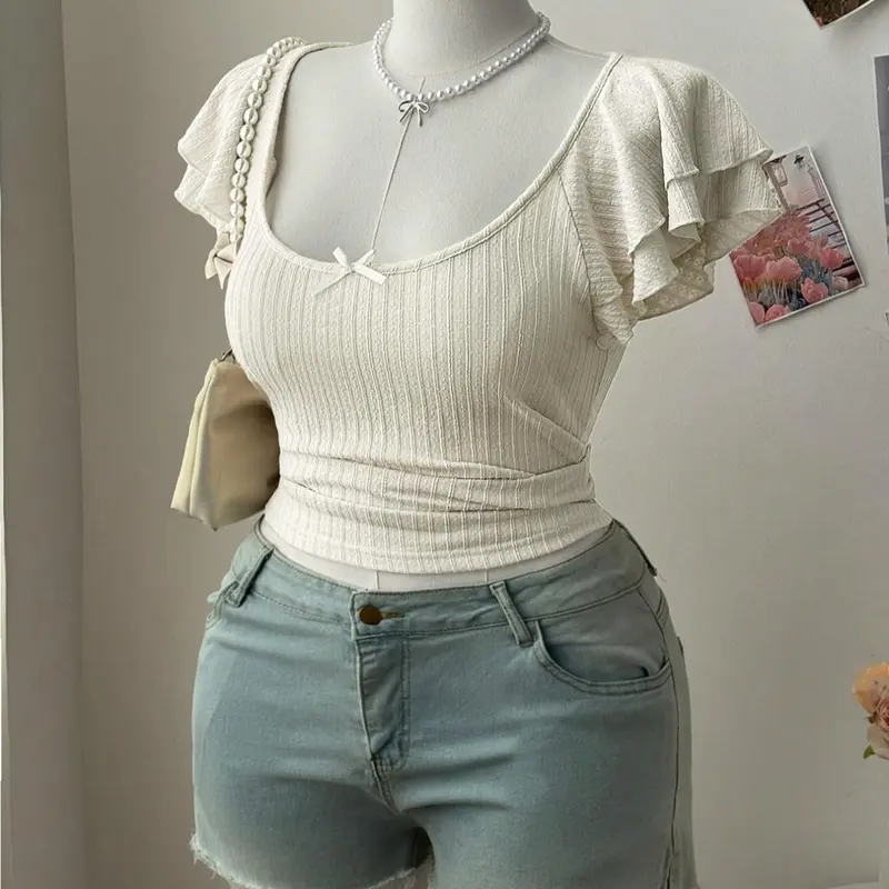 Stylish Elegant Plus Size T-Shirt Top Casual Breathable Top with Lightweight, Breathable Fabric, Summer, Ruffled Sleeve Edges, Square Neck Design for Women's Fitted Fashion