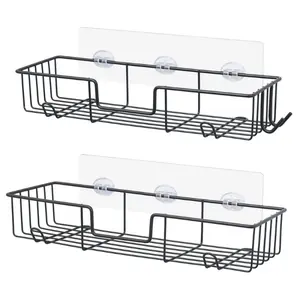 Shower Caddy Shelf with Hooks, No Drilling Adhesive Shower Shelf for Bathroom Storage, Rustproof Stainless Steel Shower Organizer Wall Mounted, 2 Pack, Black