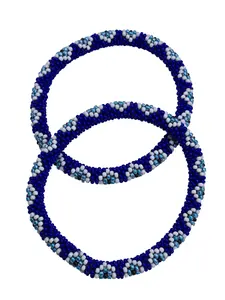 Set of 2 Handmade Boho Evil Eye Bracelets – Blue Crochet Glass Seed Bead Roll-On Bangles from Nepal, Women’s Fashion Jewelry, Artisan Hippie Beaded Accessories for Daily Wear