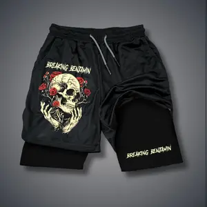 Unisex Breaking Benjamin Band Sports Shorts – Double-Layer Athletic Shorts with Elastic Waistband, Comfortable Summer Streetwear - For Loose Fit, Choose One Size Up