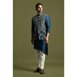 Teal blue silk nehru jacket set