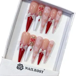 NAILROSY Handmade Press-on Nails 10Pcs Long Stiletto Acrylic 3D Floral Manicure Y2K Cute Fake Nails for Girls Women Festivals Parties Daily Wear Sheet Design