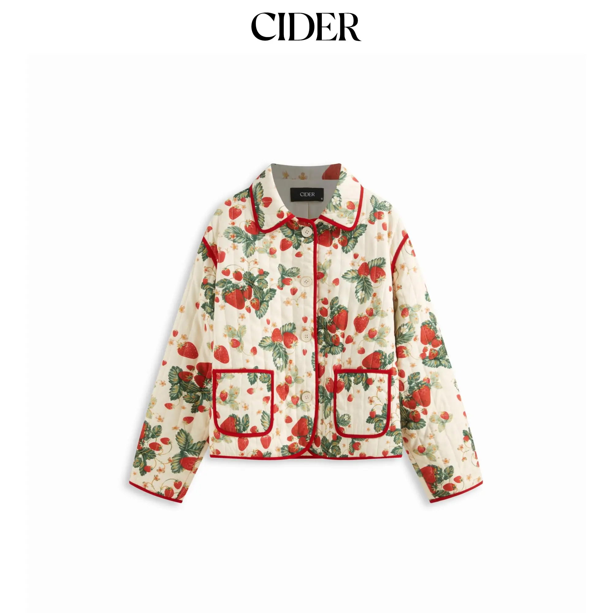 Cider Strawberry Contrasting Binding Collar Button Quilted Oversized Puffer Jacket