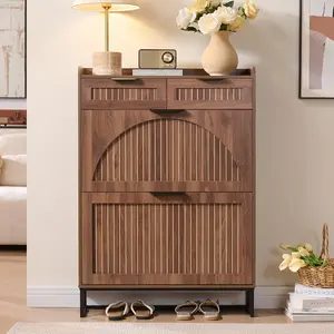 PieDle Fluted Shoe Cabinet Storage for Entryway – Narrow Shoe Rack with 2 Flip Drawers & 2 Storage Drawers, Freestanding Hidden Shoe Organizer for Foyer, Hallway