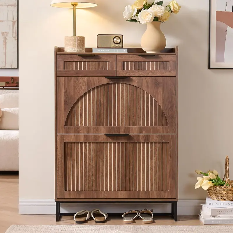 PieDle Fluted Shoe Cabinet Storage for Entryway – Narrow Shoe Rack with 2 Flip Drawers & 2 Storage Drawers, Freestanding Hidden Shoe Organizer for Foyer, Hallway