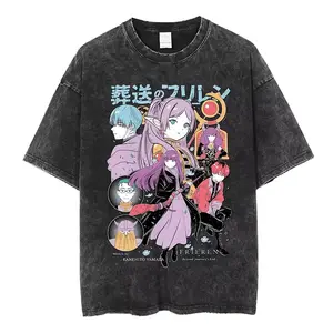 Washed Vintage Anime Frieren Beyond Journeys End Himmel T-shirt Men Women Fashion Harajuku Short Sleeve Cotton Casual T-shirts