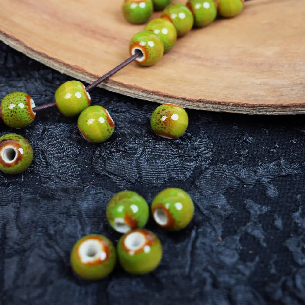 LUMAWU Handmade Porcelain Beads - 8mm, 10 Pcs, Girly Leopard Green Tone, High-Temp Flower Glaze, Water-Drop Resistant, Beading & Jewelry Making Supplies for DIY Beads Making Projects