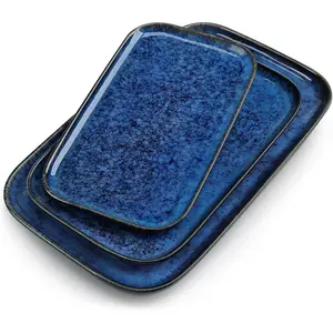 Stern Serving Platters Set of 3, 15/13/ 11 Inches Rectangular Serving Plates, Blue Serving Trays for Entertaining, Party