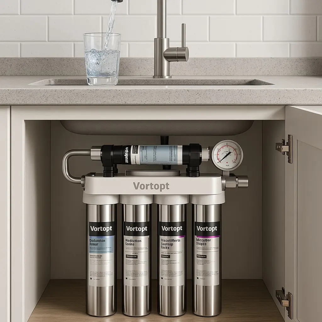 Vortopt Model U1 stainless steel ultrafiltration water purifier, 5-stage water filtration system, reduce heavy metals,bad taste and odors, real-time water pressure monitoring filtration