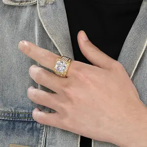 Hip-Hop Square Ring for Men with Zirconia Stainless Steel with 18K Gold Plating