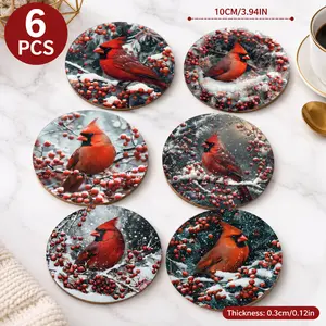 Trending Cardinal Bird Wooden Coasters 6PCS – Winter Berry Art Non-Slip Heat Resistant Round Wood Drink Coasters for Home Kitchen Dining Table – Symbol of Hope Good Luck Farmhouse Decor – Viral Memorial Fathers Day Birthday Housewarming Gift for Dad Men