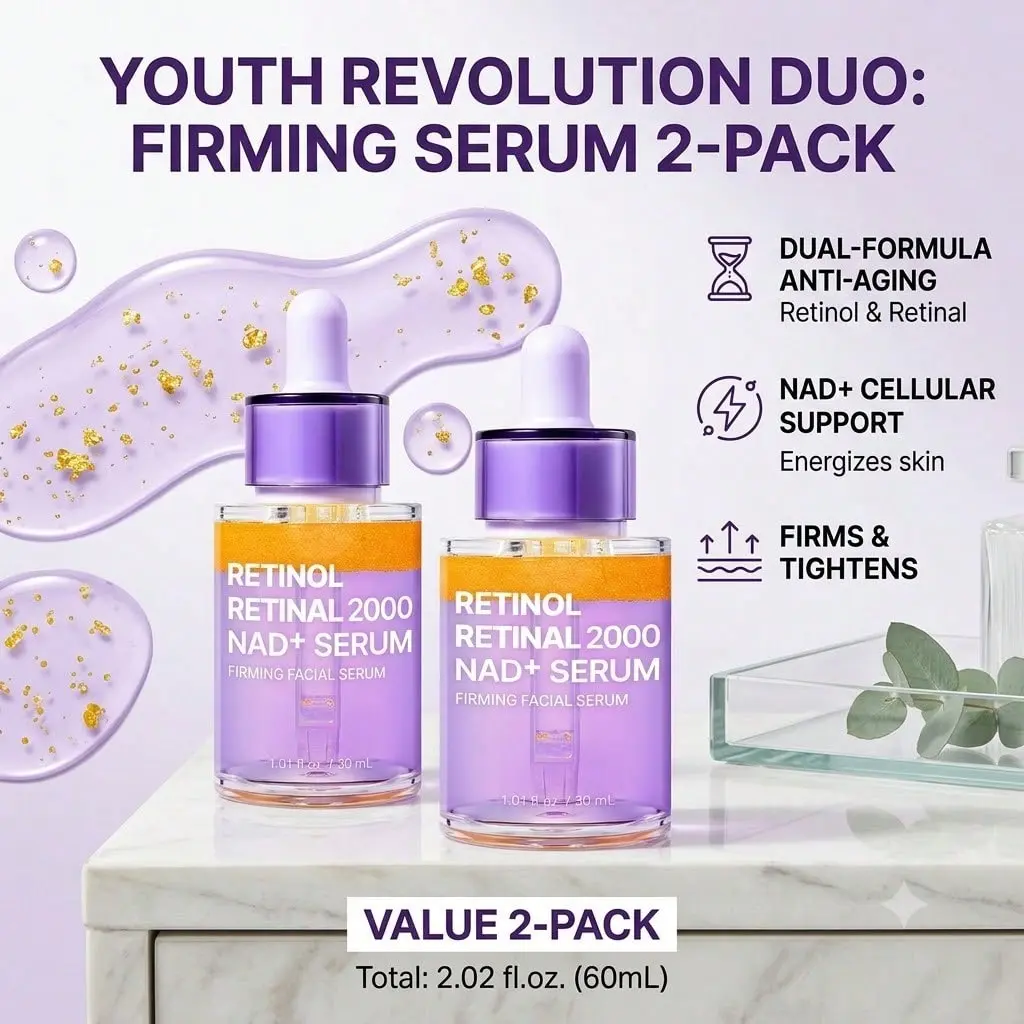 2Pcs Retinol 0.1% + Retinal 0.1% Anti-Aging Facial Serum | for Wrinkles, Fine Lines & Firmer Skin | Dual Retinoids with NAD+, Improve Elasticity & Skin Texture | Korean Skincare, 30mL 1.01 fl.oz